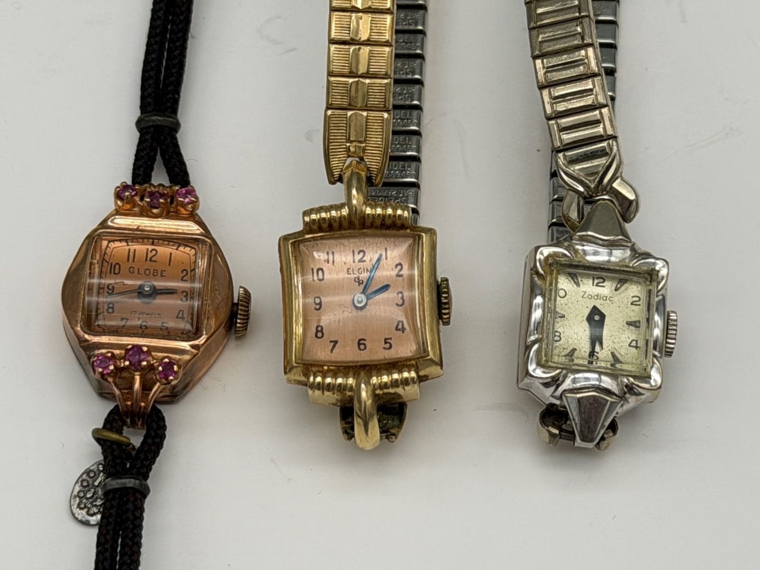 (3) 14k Gold Ladies Watches; Zodiac, Elgin, Globe (1 of 4)