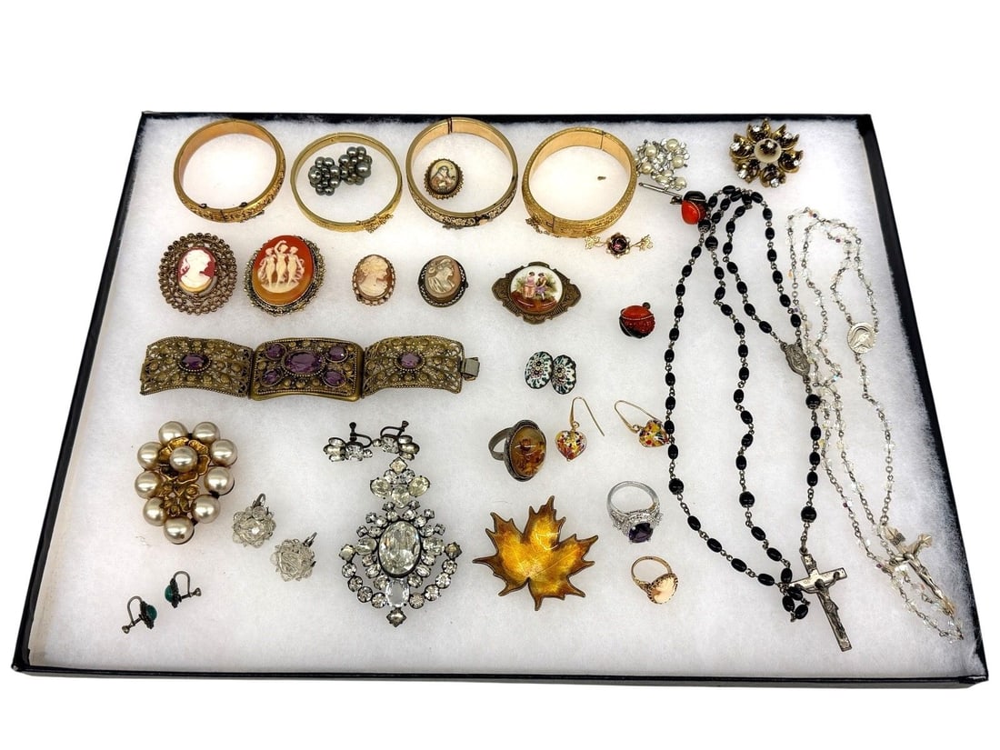 Group of Vintage Gold, Sterling and Costume Jewelry: Group of Vintage Gold, Sterling and Costume Jewelry: Includes 10k gold ring, sterling Hroar Prydz enamel leaf brooch, sterling rosaries, sterling amethyst ring, 4 gold filled bracelets, and other cost