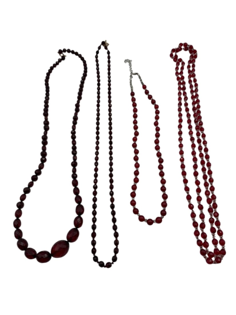 (4) Vintage Red Rhinestone, Carved Stone Necklaces: (4) Vintage Red Rhinestone, Carved Stone Necklaces: