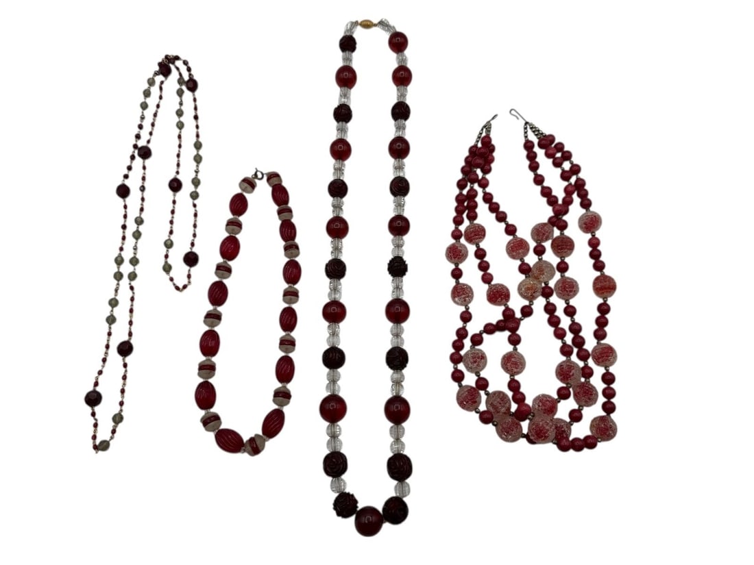 (4) Vintage Red Rhinestone, Carved Stone Necklaces: (4) Vintage Red Rhinestone, Carved Stone Necklaces: Includes Murano multi strand, carved bakelite, smoke and gold beads.