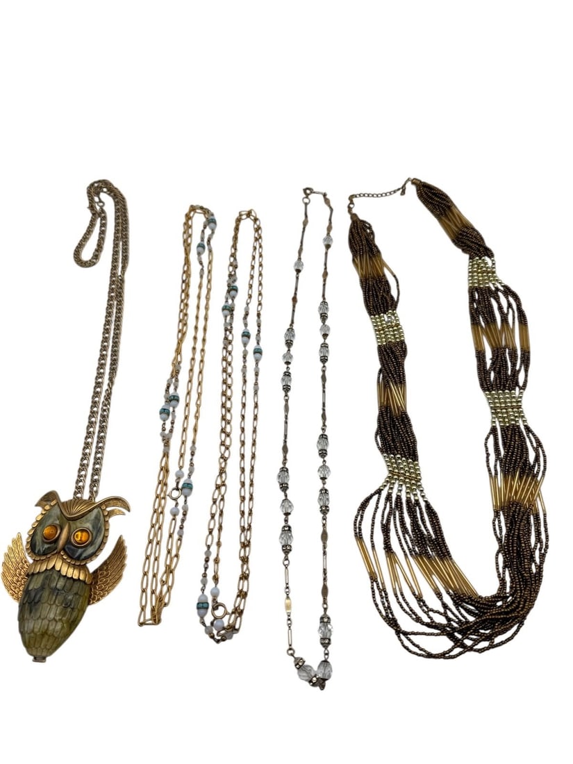 (5) Vintage Costume Jewelry Necklaces: (5) Vintage Costume Jewelry Necklaces : Includes green gold reticulated owl necklace 30", (2) MOP faux turquoise, rhinestones 30", multi strand beads 30".
