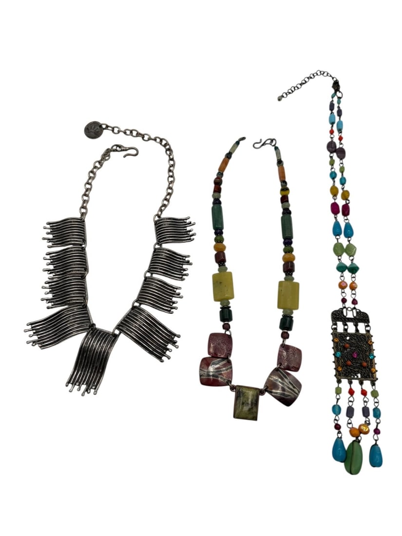 (3) Fancy Chunky Statement Costume Necklaces: (3) Fancy Chunky Statement Costume Necklaces: Silver tone drop dangles 6" diameter and signed. Enamel with polished stones signed Gicker, drop colorful beads with filigree drop pendant 18".