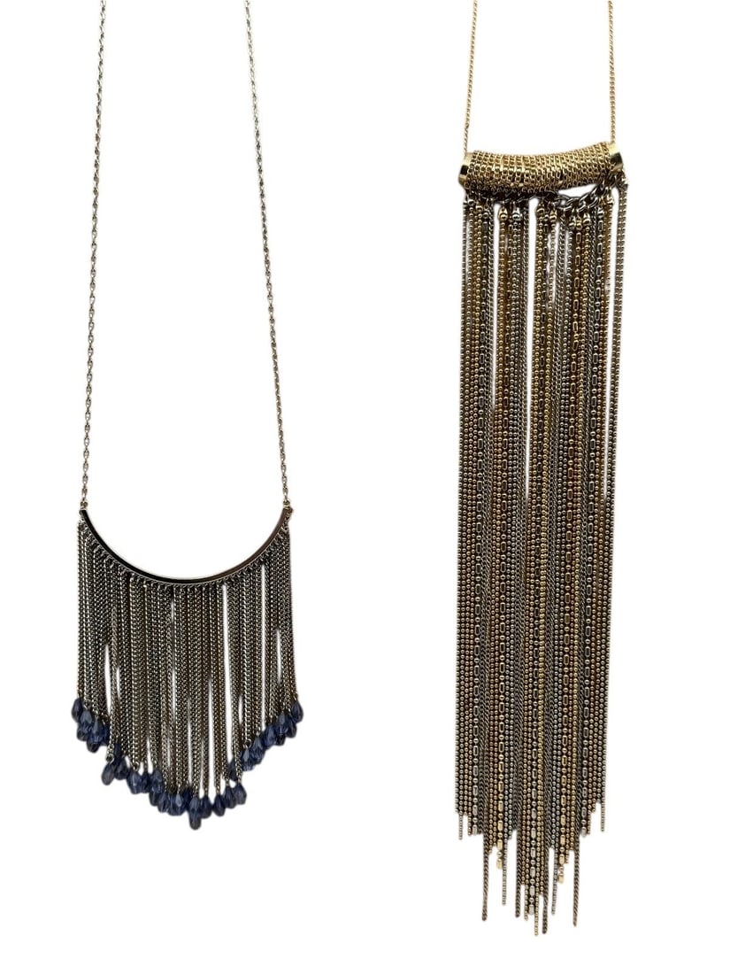 (2) Dangle Drop Statement Necklaces: (2) Dangle Drop Statement Necklaces: Silvertone with blue crystal drops 22" long. Silver and yellow chain drop chain measures 22", drop is 10".