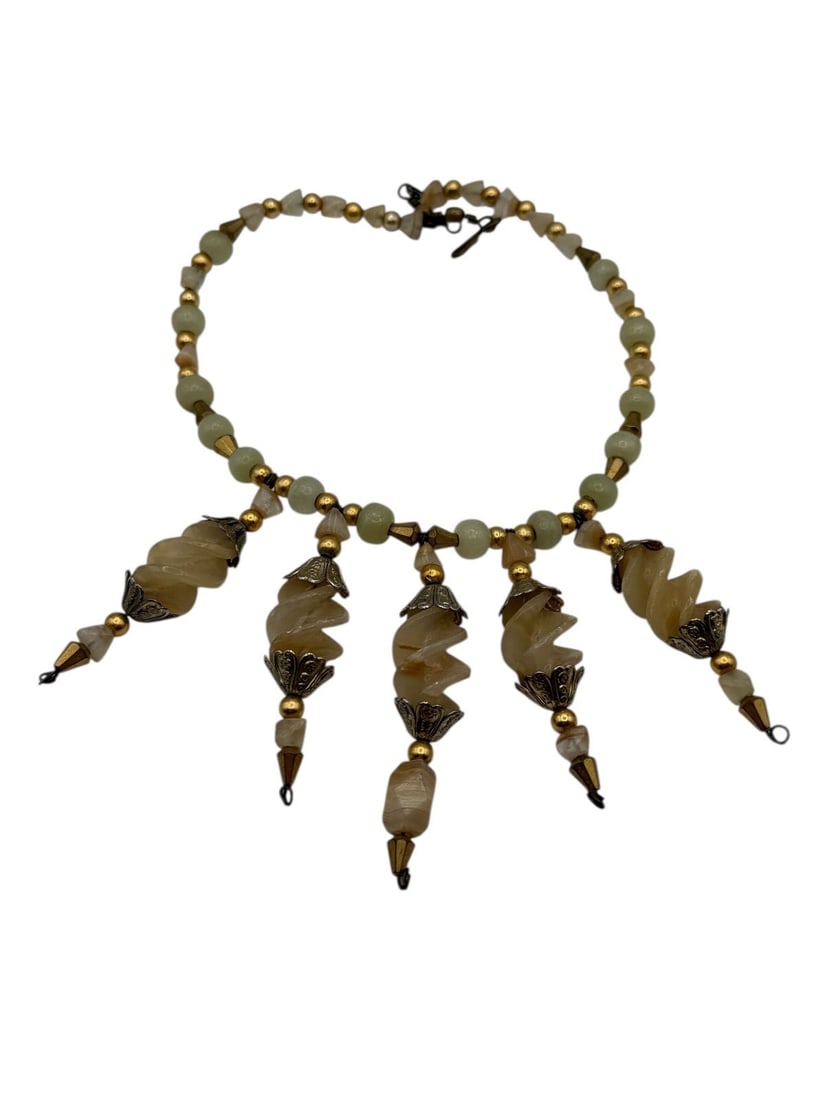 Gold Tone Agate Statement Choker Necklace: Gold Tone Agate Statement Choker Necklace: Measures 5.5" in diameter, drops are 3.25" long.