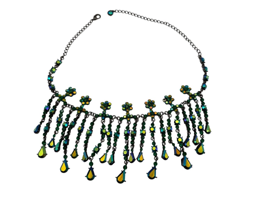 Aurora Borealis Blue Green Drop Dangle Statement Necklace: Aurora Borealis Blue Green Drop Dangle Statement Necklace" 7" in diameter.