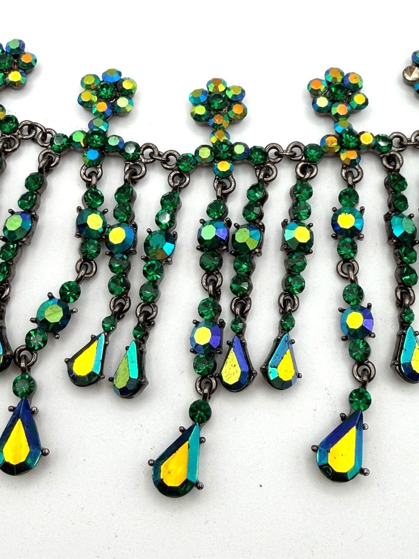 Aurora Borealis Blue Green Drop Dangle Statement Necklace - 2