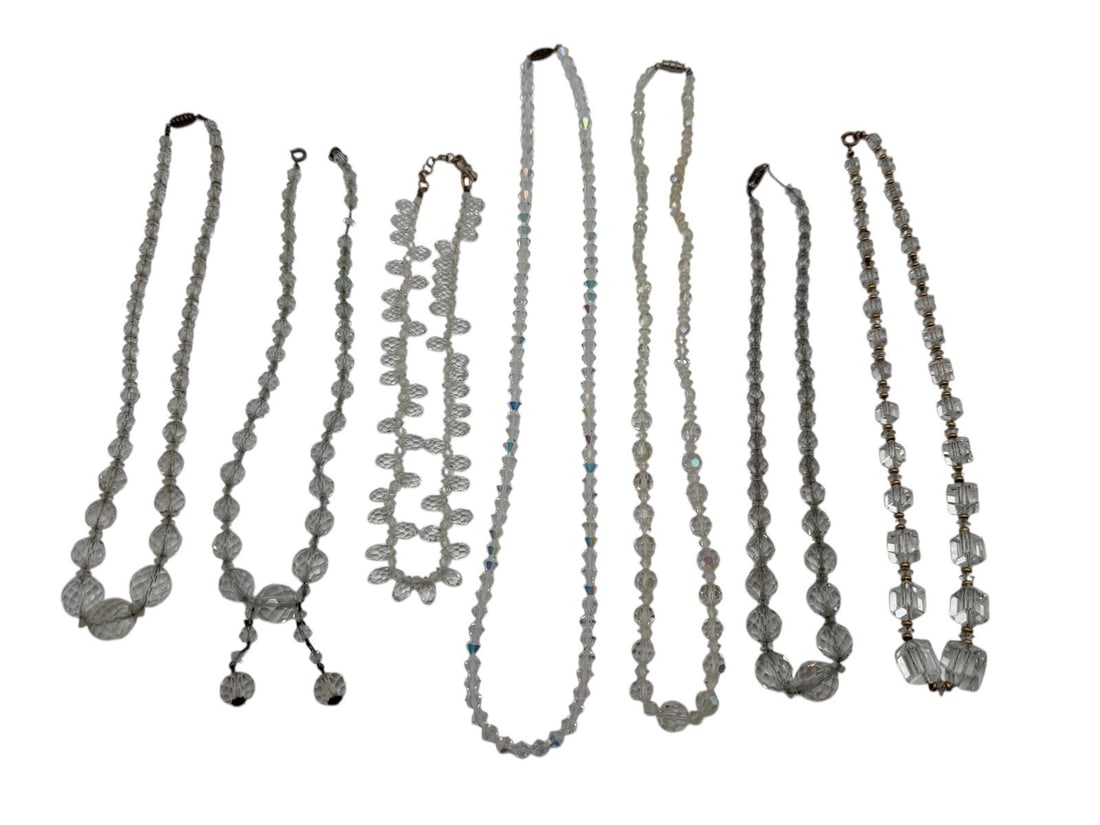 (7) Clear Rhinestone/Crystal Vintage Necklaces: (7) Clear Rhinestone/Crystal Vintage Necklaces: Includes gold filled clamp and spacers, aurora borealis, drop dangle. From 15"-22".