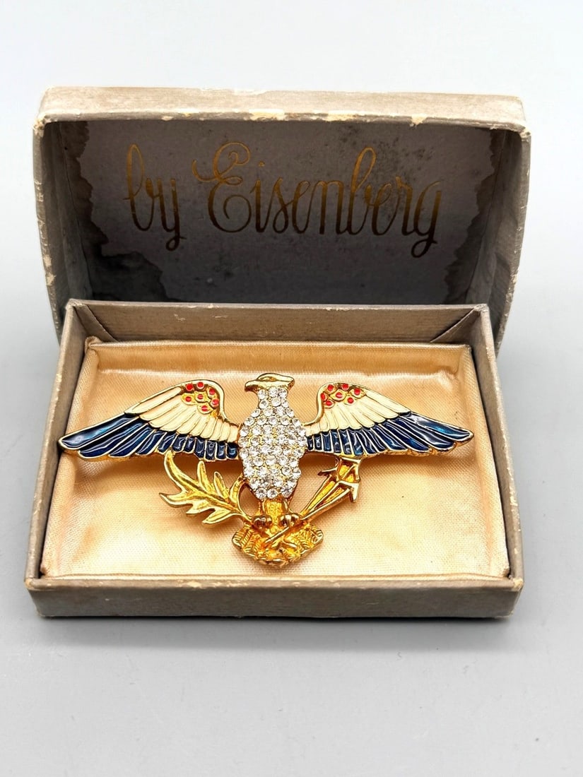 Eisenberg Ice Enamel Federal Eagle Brooch With Original Box: Eisenberg Ice Enamel Federal Eagle Brooch With Original Box: