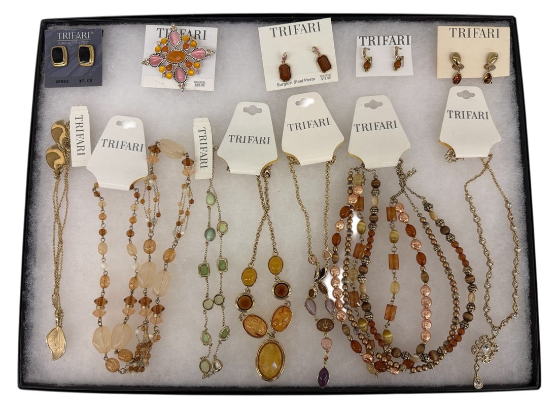 (12) Trifari Jewelry on Card: Earrings, Brooch, Necklaces: (12) Trifari Jewelry on Card: Earrings, Brooch, Necklaces: