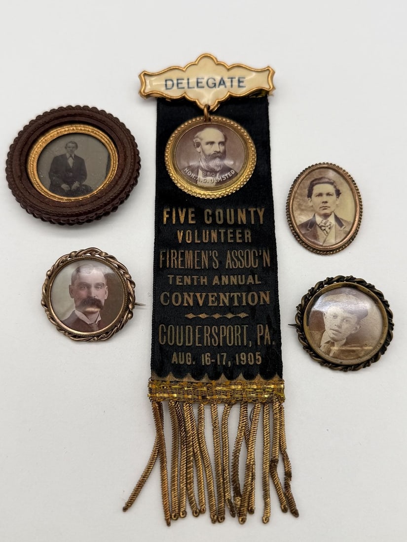 (5) Victorian Gold Filled Mourning Photo Brooches One With Ribbon: (5) Victorian Gold Filled Mourning Photo Brooches One With Ribbon: (1) ribbon from 1905. (1) with Gutta Percha case.