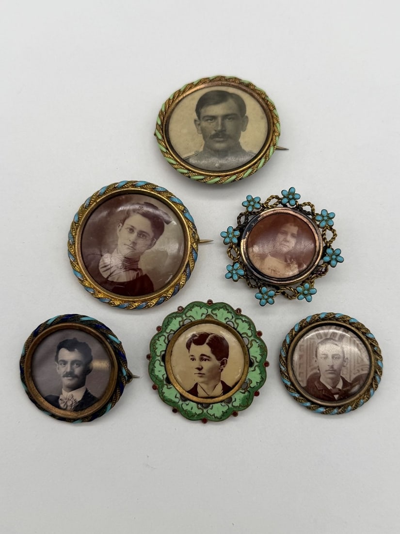 (6) Victorian Mourning Gold Filled Photograph Brooches With Enameling and Fancy Cases: (6) Victorian Mourning Gold Filled Photograph Brooches With Enameling and Fancy Cases: