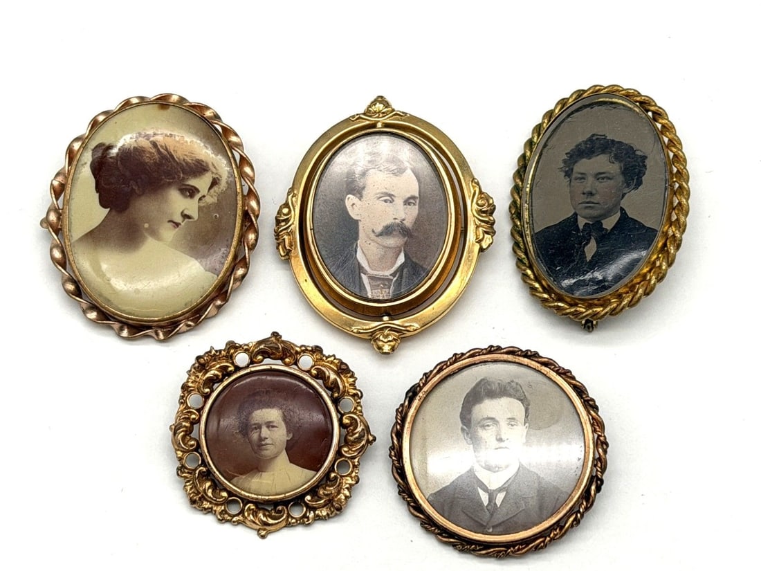 (5) Victorian Gold Filled Mourning Portrait Photo Brooches With Swivel Photo Hair Brooch (1 of 3)