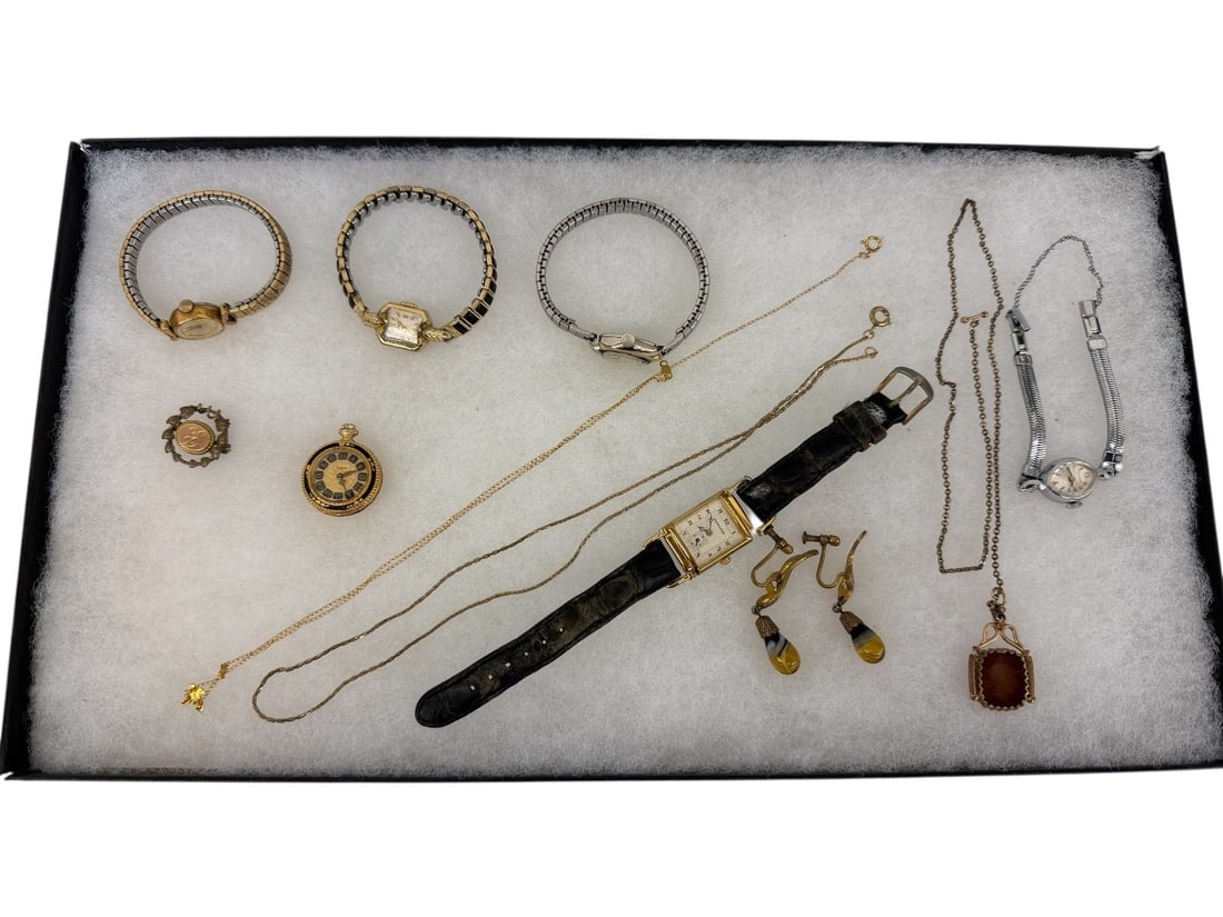 Gold Filled Jewelry Group: Gold Filled Jewelry Group: Includes watches by Hamilton, Timex, Lexon, Gruen, Bulova, Necklaces and earrings.