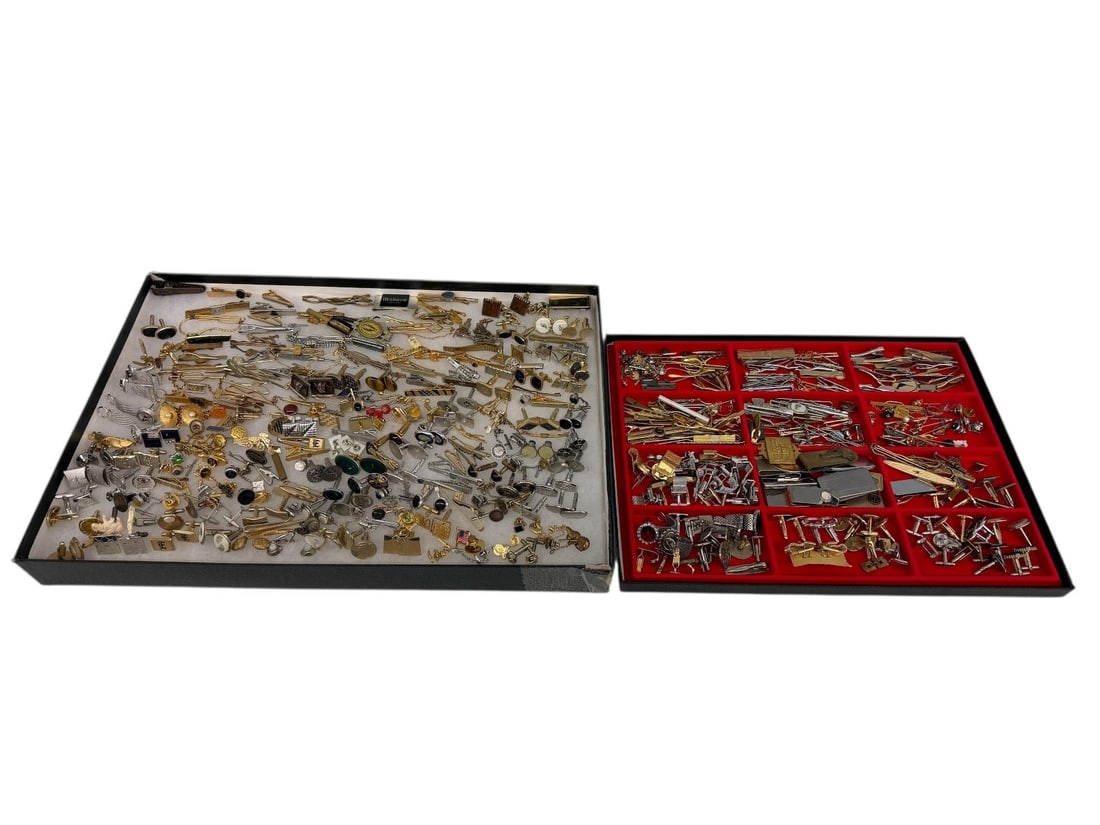 (2) Full Cases of Cuff Links, Tie Tacks, Pins, Money Clips: (2) Full Cases of Cuff Links, Tie Tacks, Pins, Money Clips: Noticed some gold filled.