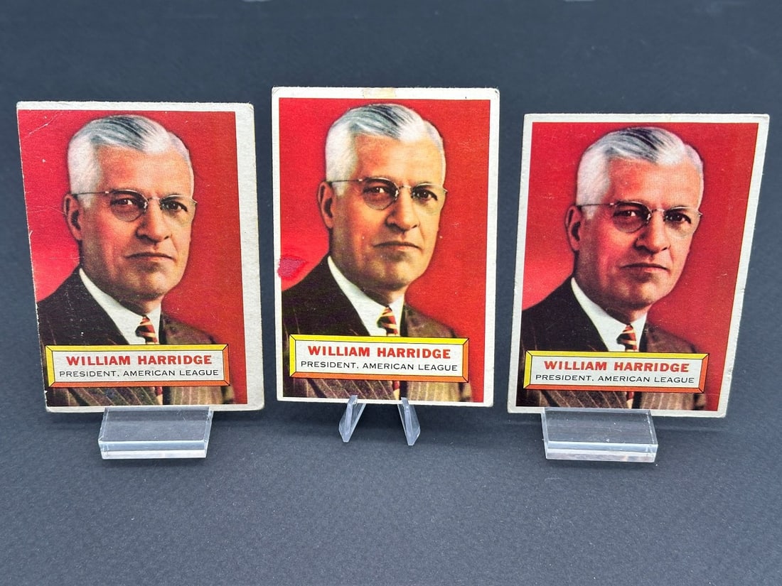 (3) 1956 Topps William Harridge #1 (2) Gray Back (1) White Back Baseball Cards: (3) 1956 Topps William Harridge #1 (2) Gray Back (1) White Back Baseball Cards