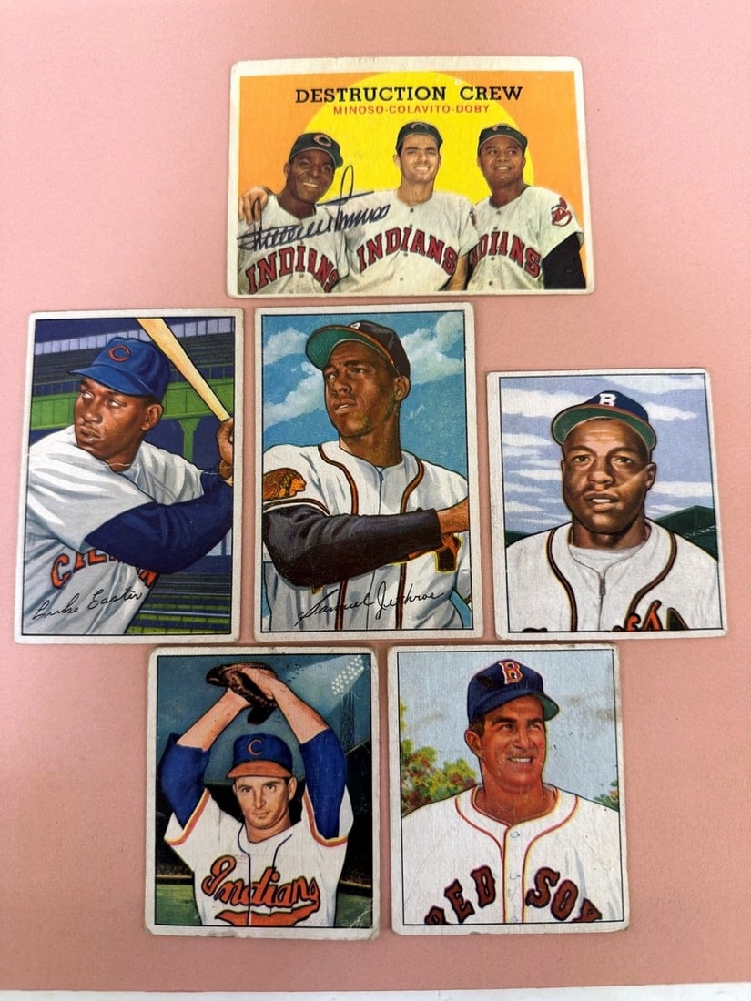 (6) 1950's Bowman, Topps Baseball Cards; With Autographed Minnie Minoso: (6) 1950's Bowman, Topps Baseball Cards; With Autographed Minnie Minoso: Includes 1950 Bowman #181 Marino Pieretti, #137 Johnny Pesky, #248 Sam Jethroe, 1952 Bowman #95 Luke Easter, #84 Sam Jethroe,