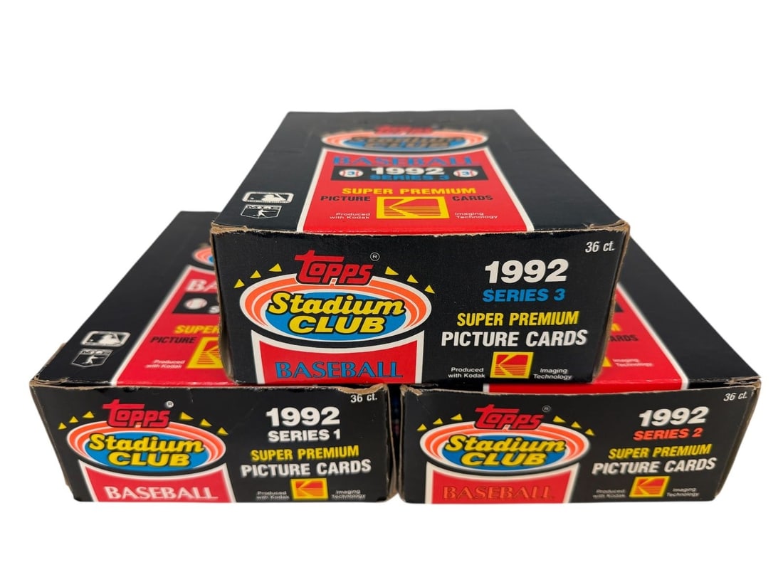 (3) 1992 Stadium Club Topps Series I, II, III Baseball Cards (36) Packs in Each Box: (3) 1992 Stadium Club Topps Series I, II, III Baseball Cards (36) Packs in Each Box: All packs are unopened.