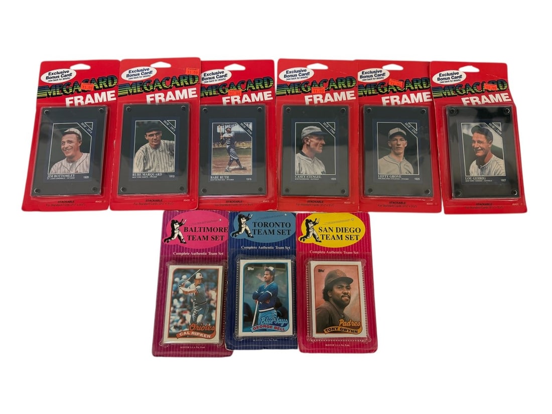 (6) Mega Card Frame With 1992 Sporting News Cards, Team Sets Baseball Cards: (6) Mega Card Frame With 1992 Sporting News Cards, Team Sets Baseball Cards: Includes Gehrig, Grove, Stengel, Ruth, Marquard, Bottomley. San Diego Team Set with Gwynn, Toronto and Baltimore team sets.