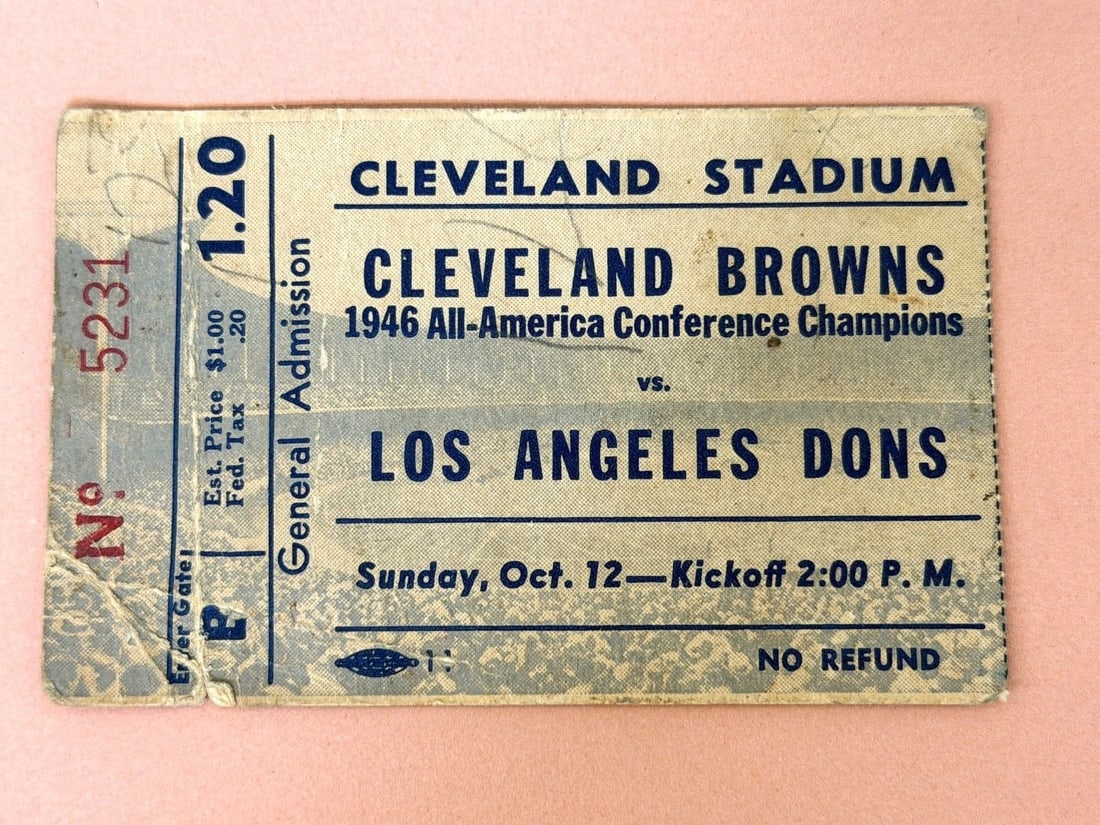 1946 AAFC Champion Browns vs. Los Angeles Dons Ticket Stub #5231: 1946 AAFC Champion Browns vs. Los Angeles Dons Ticket Stub #5231: Was mounted previous, back is in poor condition.
