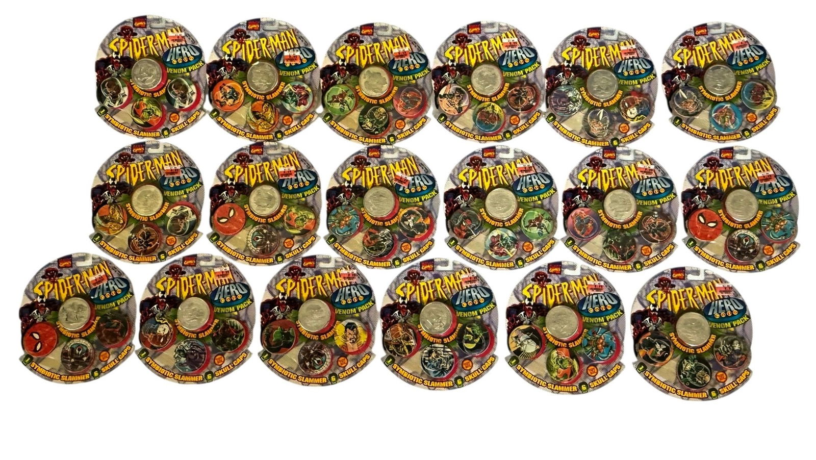 1995 Spider-Man Hero Caps: 1995 Spider-Man Hero Caps contains (18) caps in original packaging. Each package has (1) Symbiotic Slammer and (6) Skull Caps. New in original package.