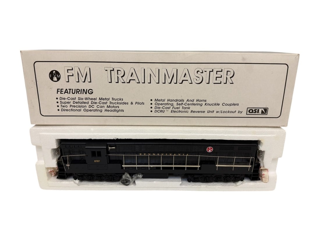 QSI Custom Trains FM Trainsmaster SA-1004 With Original Box: QSI Custom Trains FM Trainsmaster SA-1004 With Original Box: PRR Green Trainmaster No SA-1013, #8707. New in box.