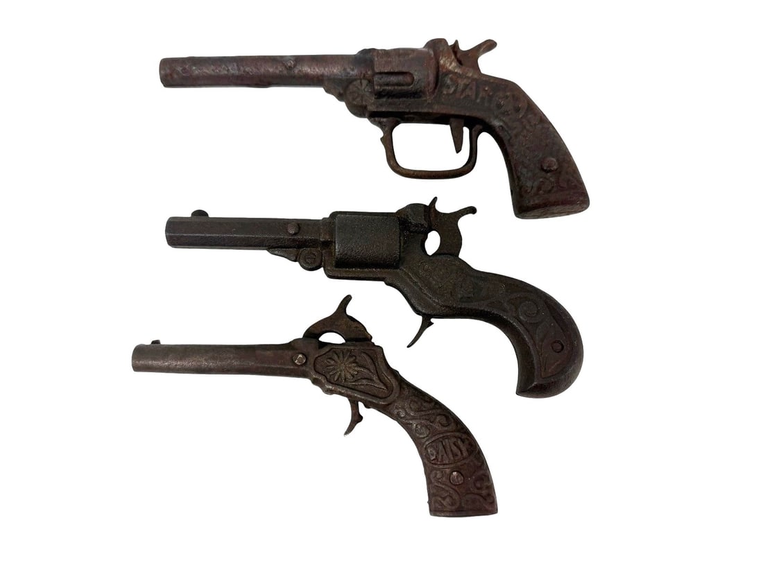 (3) 19th Century Cast Iron Vintage Cap Guns: (3) 19th Century Cast Iron Vintage Cap Guns: Includes 1890 Stevens Star 6.25" Single Cap. 1873 Daisy Daisy 4.5" Single Cap. 1885 Stevens Comet 5.5" Single Cap.