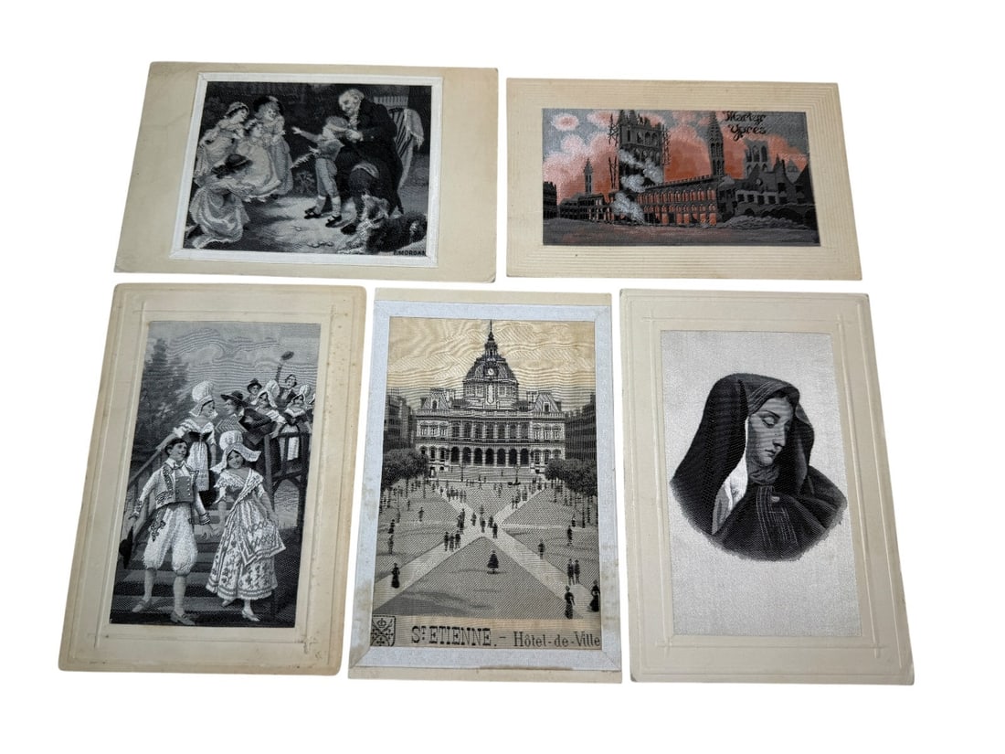(5) Rare Woven Silk Postcards: (5) Rare Woven Silk Postcards: St. Etienne, Dutch, Martyr Ypres, F. Morgan, Mary.