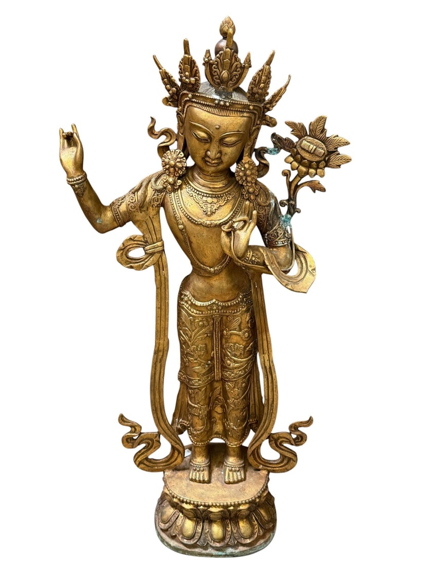 Large Brass Deity Sculpture of Padmapani "Holder of the Lotus": Large Brass Deity Sculpture of Padmapani "Holder of the Lotus": Translation of marks read "Made in great Yongming era", measures 39.5" tall, 18" wide, and 7" deep. One repair to ribbon on base that ha