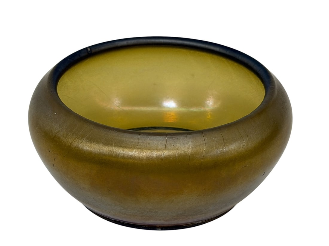 Northwood Iridescent Stretched Cupped Bowl: Northwood Iridescent Stretched Cupped Bowl: Measures 2.25" tall, mouth 3.75" in diameter.