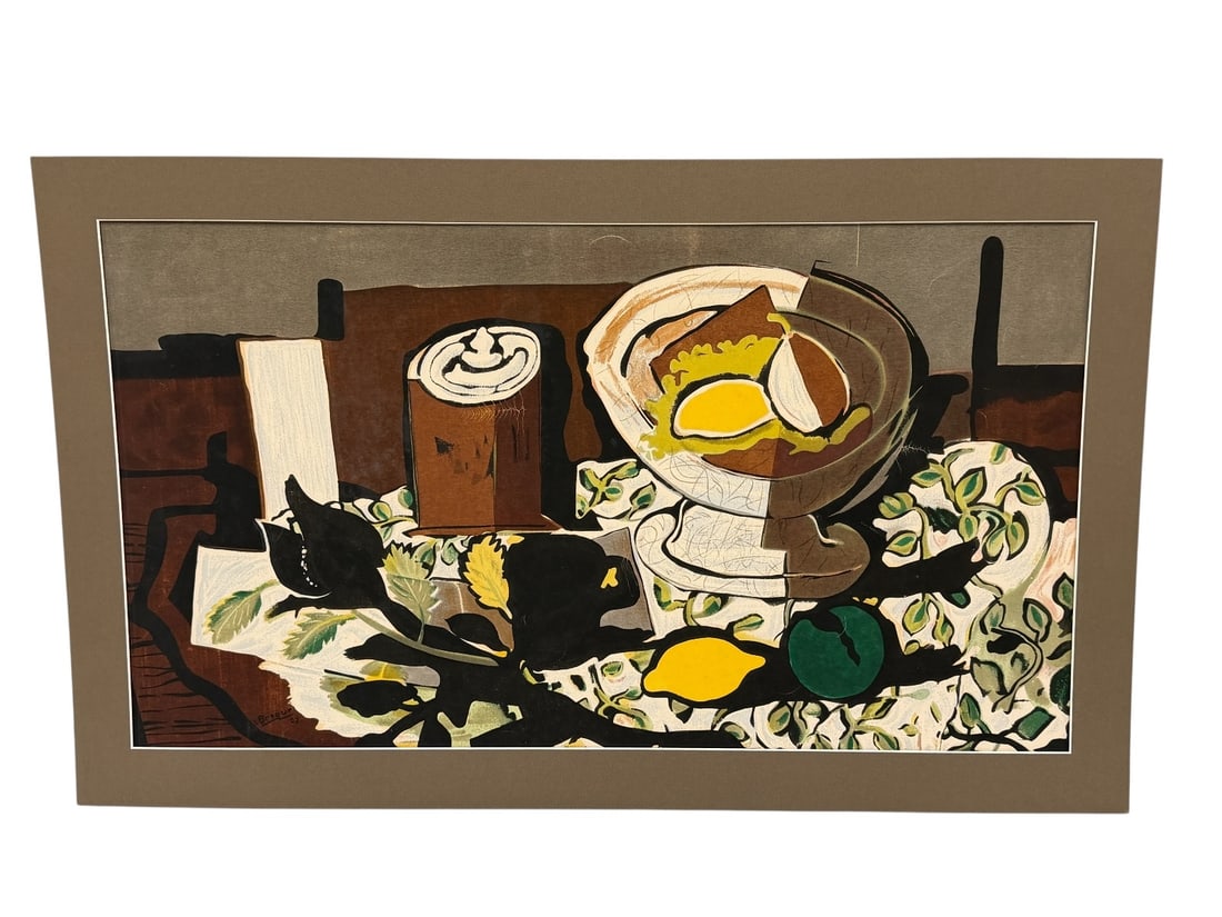 Georges Braque Print Mounted to Board: Black Pitcher and Lemons: Georges Braque Print Mounted to Board: Image measures 31.75 x 18". Mounted measuring 19.5 x 32.25. No number or signature.