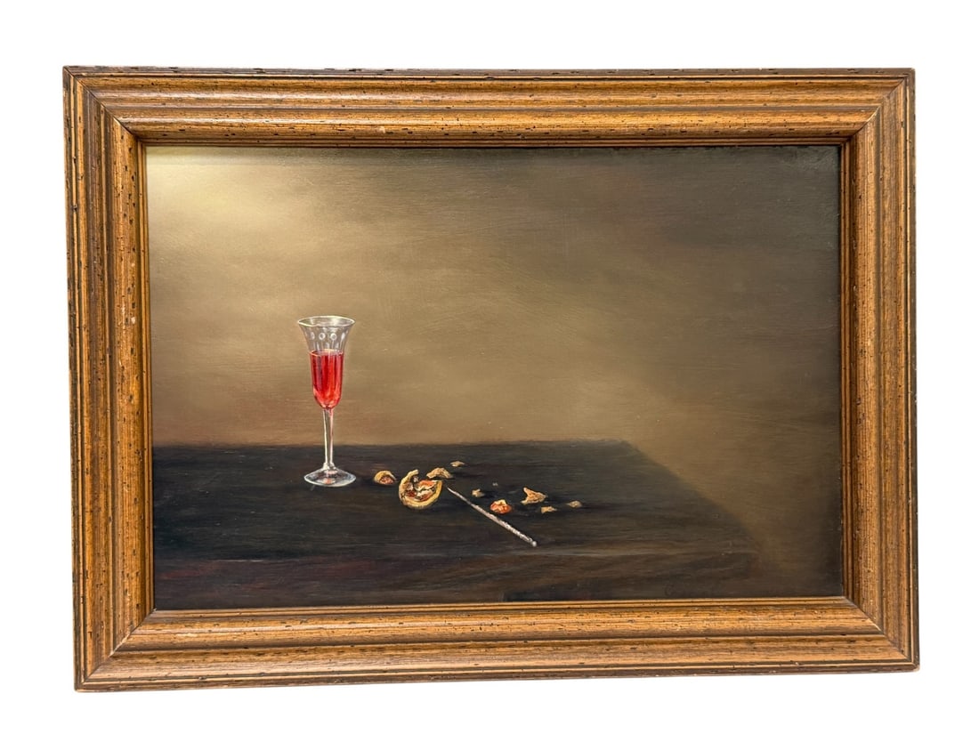 Jack Cascioli Oil on Board Akron Society Artists: Jack Cascioli Oil on Board Akron Society Artists: Walnut and wine still life. Framed and measuring 15.5 x 21.5". Board measures 18 x 12".