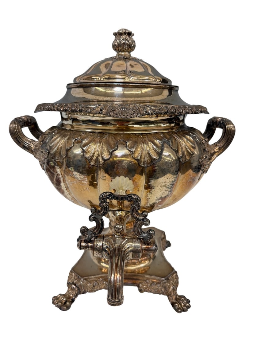 19th Century Silver Plate Samovar: 19th Century Silver Plate Samovar: With claw feet, fruit finial measuring 17" tall.