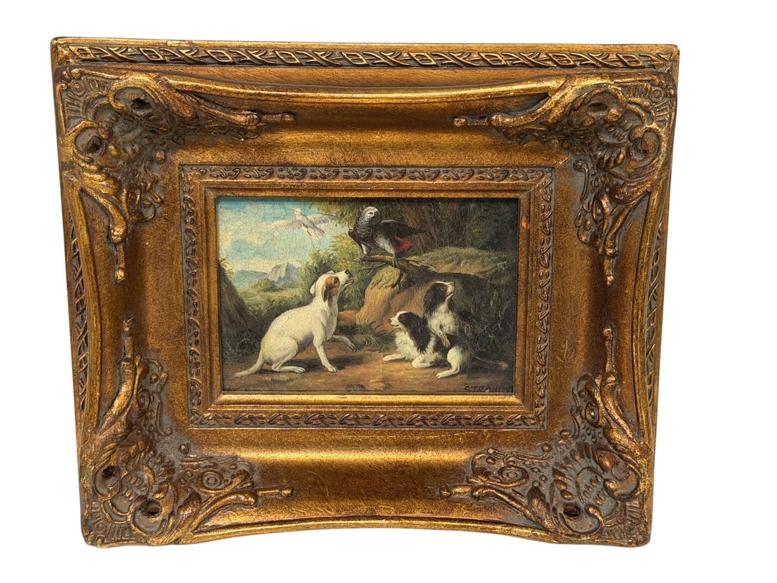 Gilt Deep Well Frame with Dogs Print: Gilt Deep Well Frame with Dogs Print: Measuring 11 x 13".