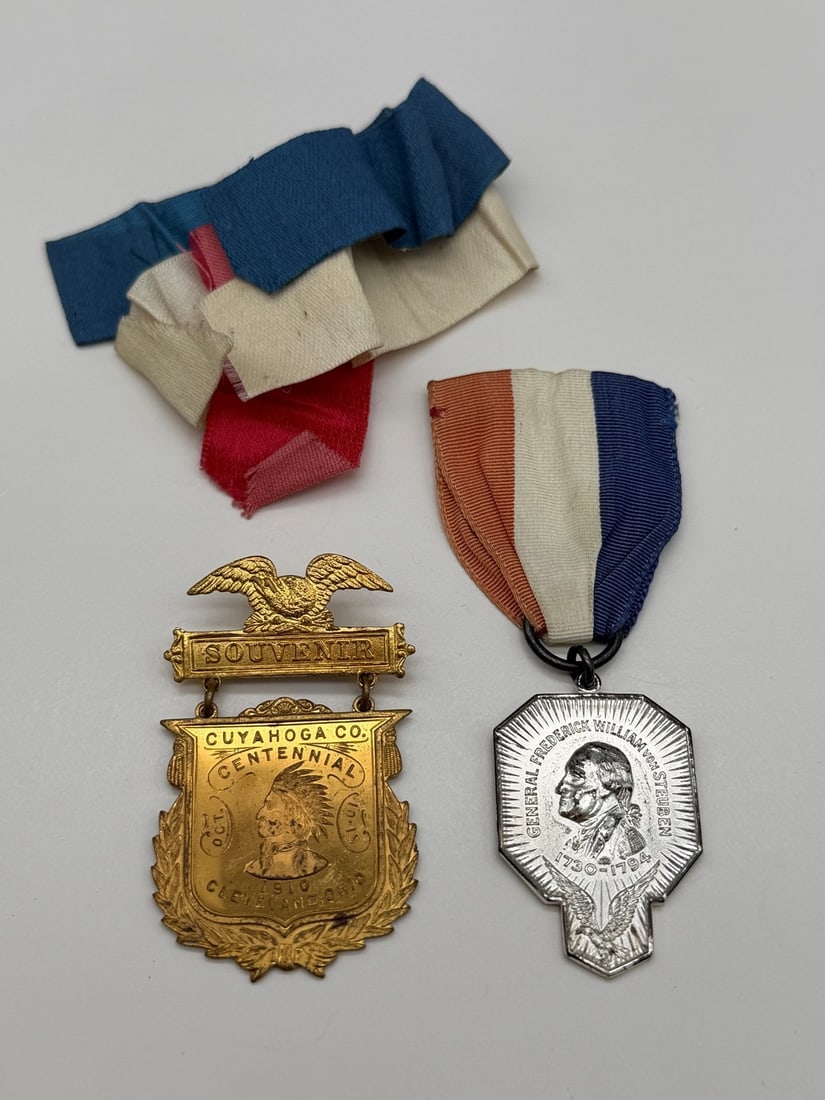 (2) Early Rare Medals; Frederick Wm. Steuben in Sterling, Cuyahoga Centennial 1910: (2) Early Rare Medals; Frederick Wm. Steuben in Sterling, Cuyahoga Centennial 1910: First German medal from Steuben Society of America in Sterling. Souvenir Cuyahoga Co. Centennial 1910 in Cleveland, 