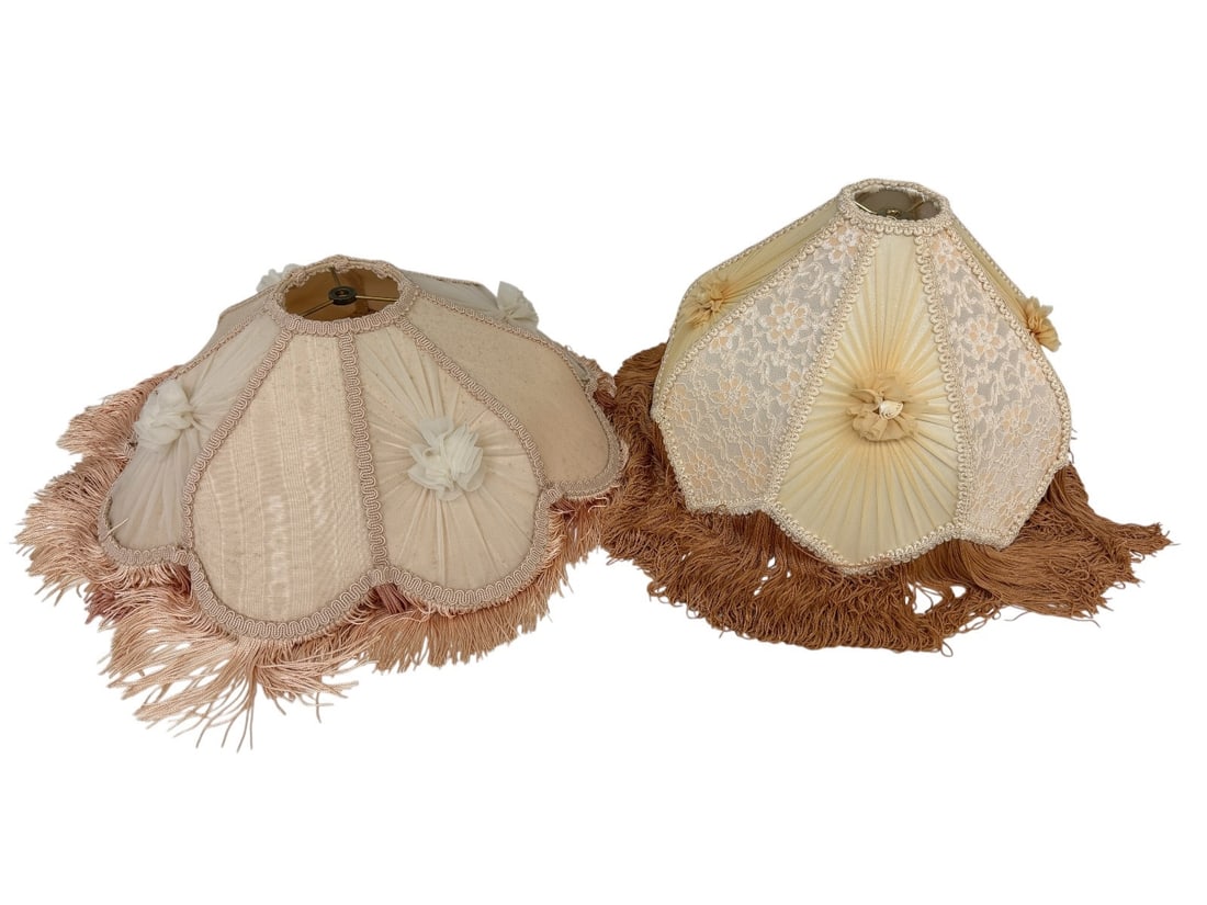 (2) Victorian Lamp Shades With Fringe: (2) Victorian Lamp Shades With Fringe: Measuring 6.75" tall by 18" diameter, and 10" tall 14" diameter.