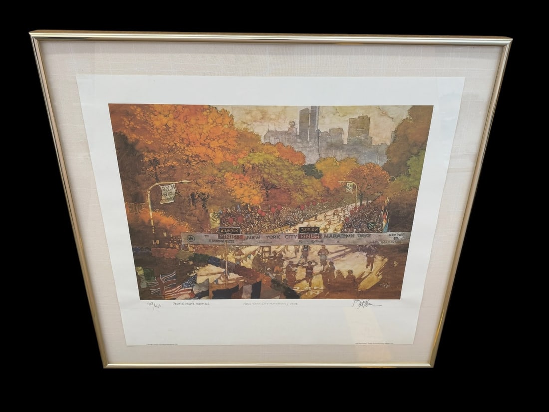 Bart Forbes "New York City Marathon" Participant Edition Lithograph: Bart Forbes "New York City Marathon" Participant Edition Lithograph: Numbered 707/950, Art of Running International Design by Donna MacLeod 1992. Paper size 27.75" x 25.5". Framed size measures