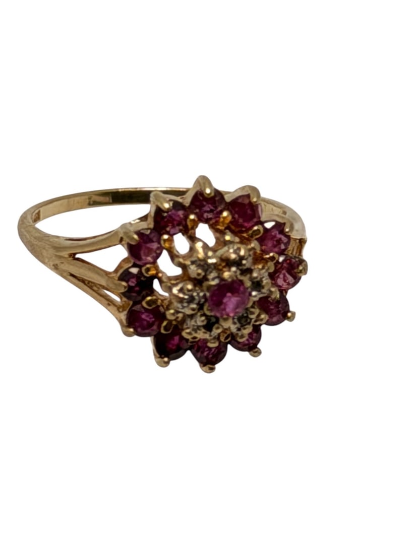 14k Gold Ring with Rubies and Diamonds: 14k Gold Ring with Rubies and Diamonds: Cathedral setting with 13 rubies and 6 diamond chips. Size 6.25, total weight is 2.7 grams.