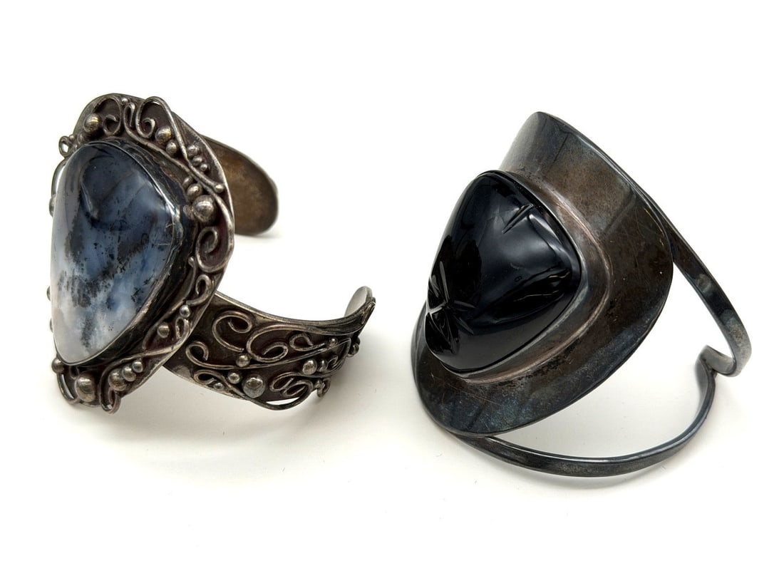 (2) Large Chunky Sterling Silver Cuff Bracelets - 2