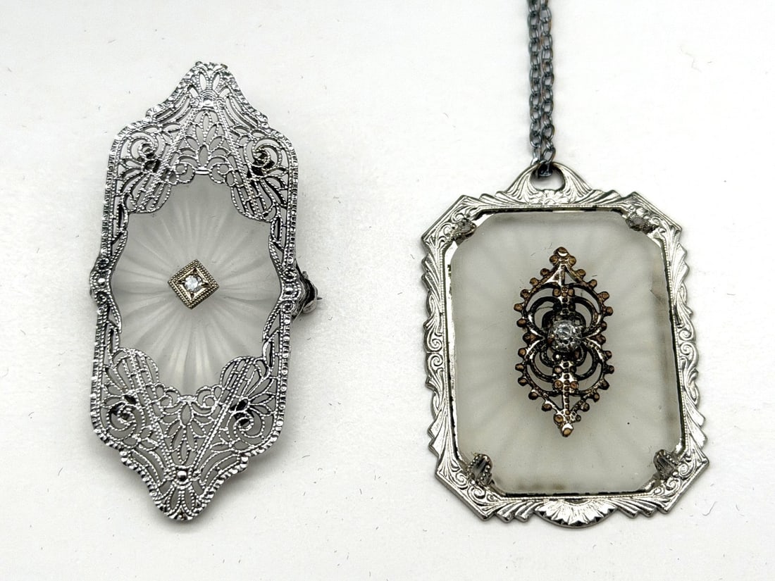 (2) Camphor Glass Pendant with Chain and Brooch With Diamond: (2) Camphor Glass Pendant with Chain and Brooch With Diamond: Brooch in sterling silver.