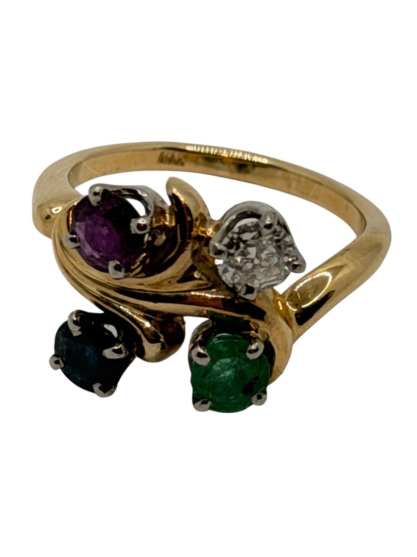 14k Gold Ring with Diamond, Ruby, Sapphire, Emerald - 2