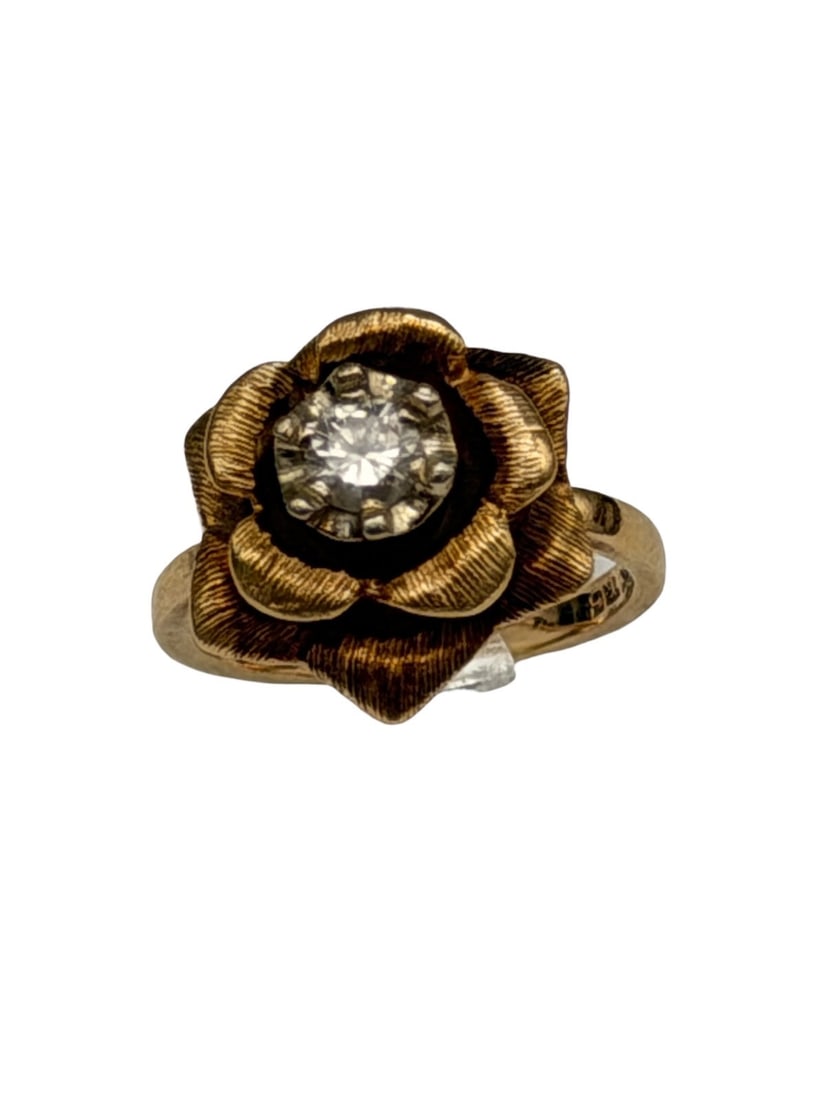 14k Gold Ring with Solitaire Diamond in High Flower Setting: 14k Gold Ring with Solitaire Diamond in High Flower Setting: Size 4.5, total weight is 4.9 grams.