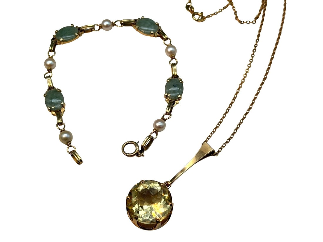 14k Gold Jade and Citrine Jewelry Necklace and Bracelet (1 of 4)