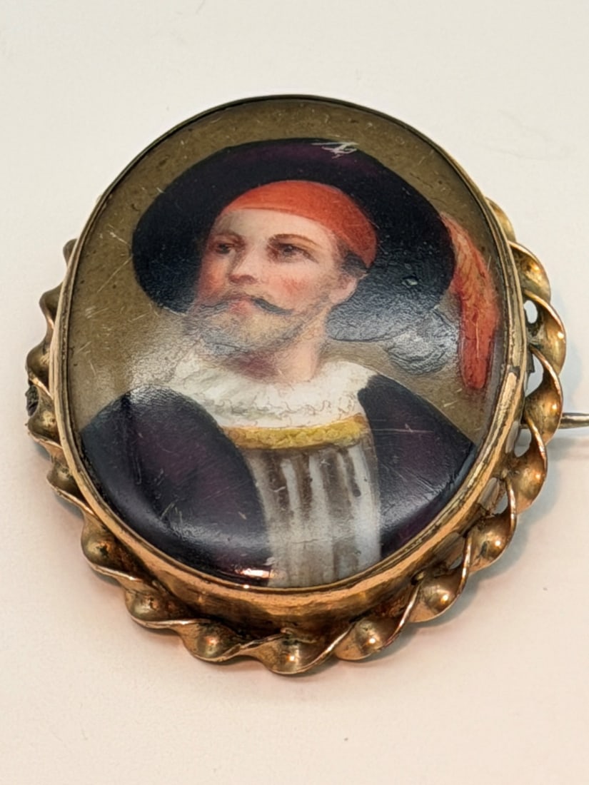 Hand Painted Portrait Brooch Gold and Gold Filled Bands: Hand Painted Portrait Brooch Gold and Gold Filled Bands: Measures 1.75" long.