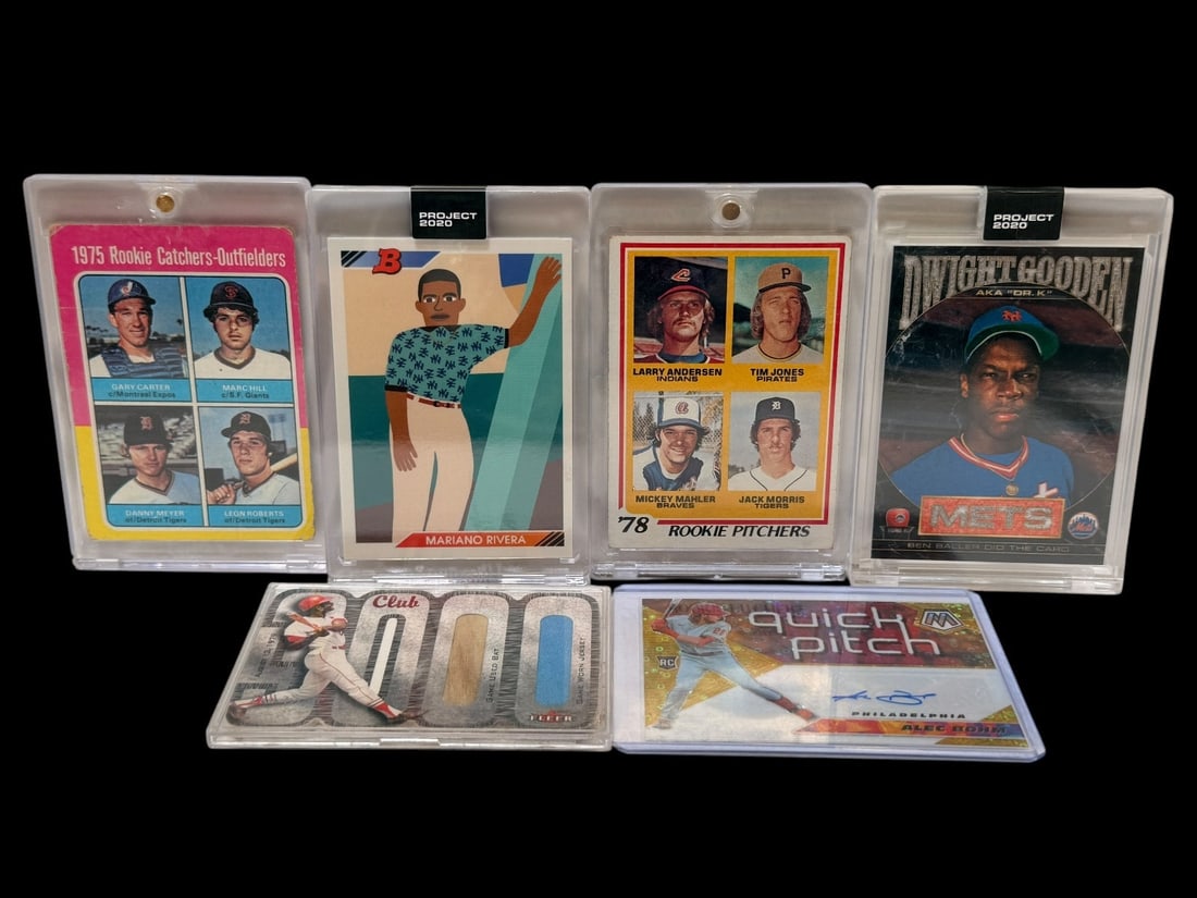 (6) Baseball Cards; Bohm, Morris, Lou Brock, Gary Carter, Gooden, Rivera: (6) Baseball Cards; Bohm, Morris, Lou Brock, Gary Carter, Gooden, Rivera: Includes 1975 Gary Carter RC, 1978 Jack Morris RC, Alec Bohm Auto Card, Fleer Lou Brock bat/jersey card, Project 2020 Gooden a