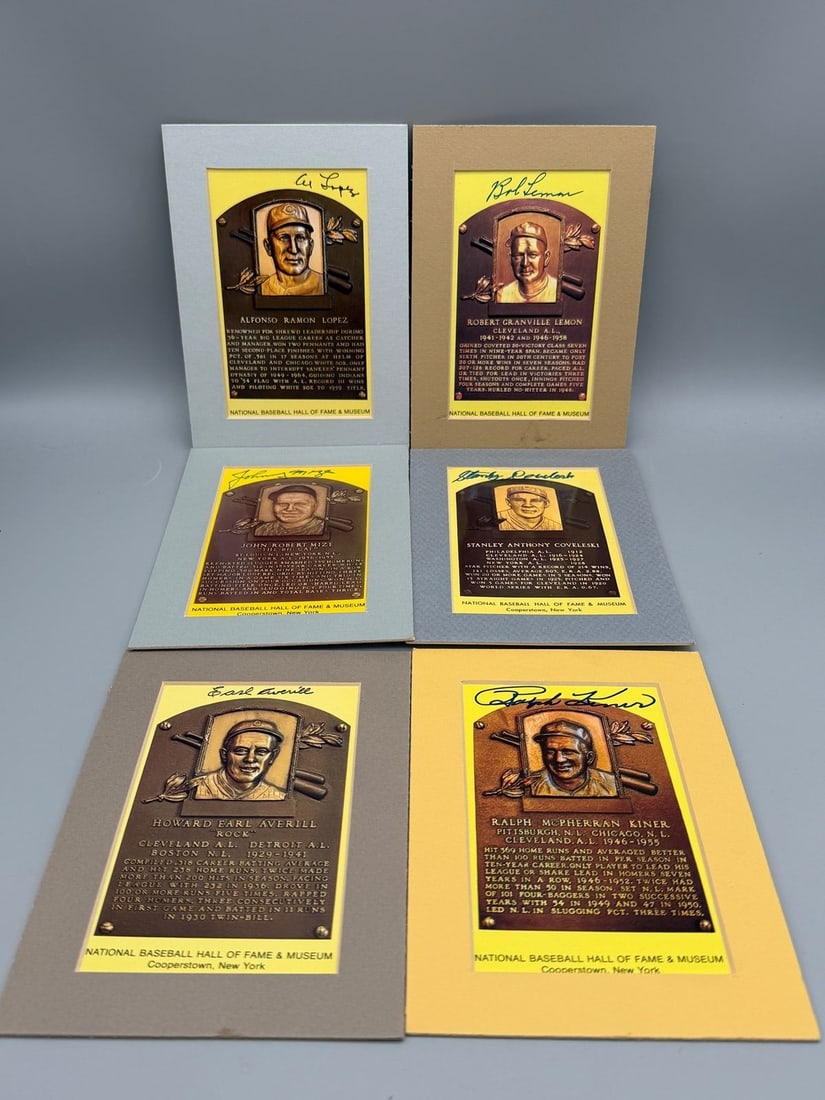 (6) Autographed Hall Of Fame Induction Postcards: Lopez, Lemon, Mize, Coveleski, Kiner, Averill: (6) Autographed Hall Of Fame Induction Postcards: Lopez, Lemon, Mize, Coveleski, Kiner, Averill: Great group of HOF induction plaque postcards by Bob Lemon, Al Lopez, Johnny Mize, Stanley Coveleski, R