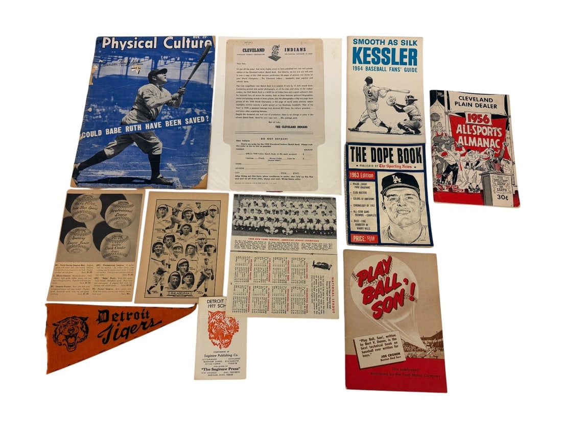 Large Group of Baseball Ephemera: Large Group of Baseball Ephemera: Includes 1956 sport almanac, Detroit Tigers mini pennant and schedule 1977, 1959 baseball schedule booklet, 1949 Cleveland Indians Sketchbook order form, 1964 Smooth 