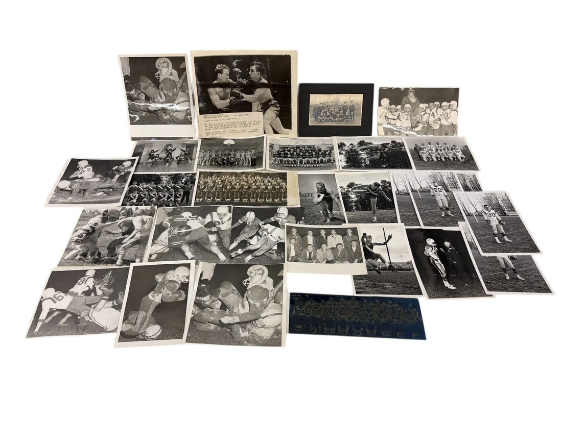 Group of Vintage Black and White Press Sports Photographs: Group of Black and White Press Sports Photographs: Includes football, track and field Lesnevich takes light heavy weight boxing championship. Some high school photos as well.