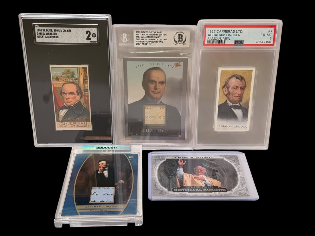 (5) Historical & Presidential Trading Cards (3) Graded: (5) Historical & Presidential Trading Cards (3) Graded: PSA 1927 Carreras Abraham Lincoln Famous Men Grade 6, SGC 1888 W. Duke and Sons N76 Daniel Webster Grade 2, and 3 other cards including McKinley