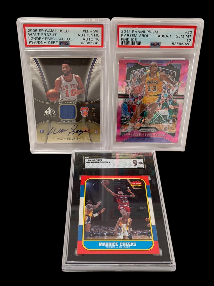 (3) Graded Basketball Cards; Frazier Auto, Abdul Jabbar, Cheeks: (3) Graded Basketball Cards; Frazier Auto, Abdul Jabbar, Cheeks: Includes 2006 SP Game Used Walt Frazier 36/50 Authentic Auto PSA 10, 2019 Panini Prizm Pink Ice Abdul Jabbar PSA 10, 1986-87 Fleer Maur