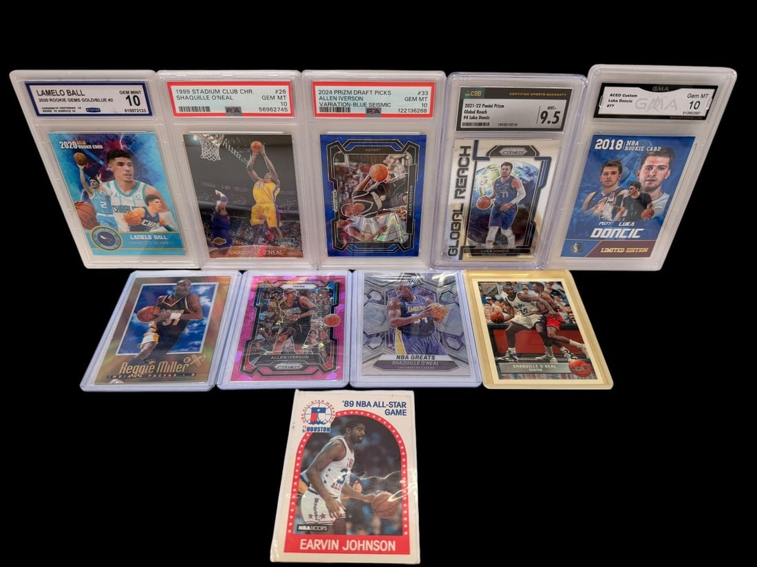 (10) Basketball Cards (5) Graded Including Lamelo Ball, Shaquille O'Neal, Allen Iverson, Luka: (10) Basketball Cards (5) Graded Including Lamelo Ball, Shaquille O'Neal, Allen Iverson, Luka Doncic: Raw cards include Reggie Miller, Allen Iverson, Shaq, Ervin Johnson.